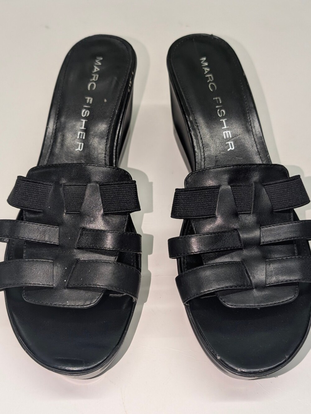 Marc Fisher Black Leather Woven Strappy Platform Wedge Slide Sandals